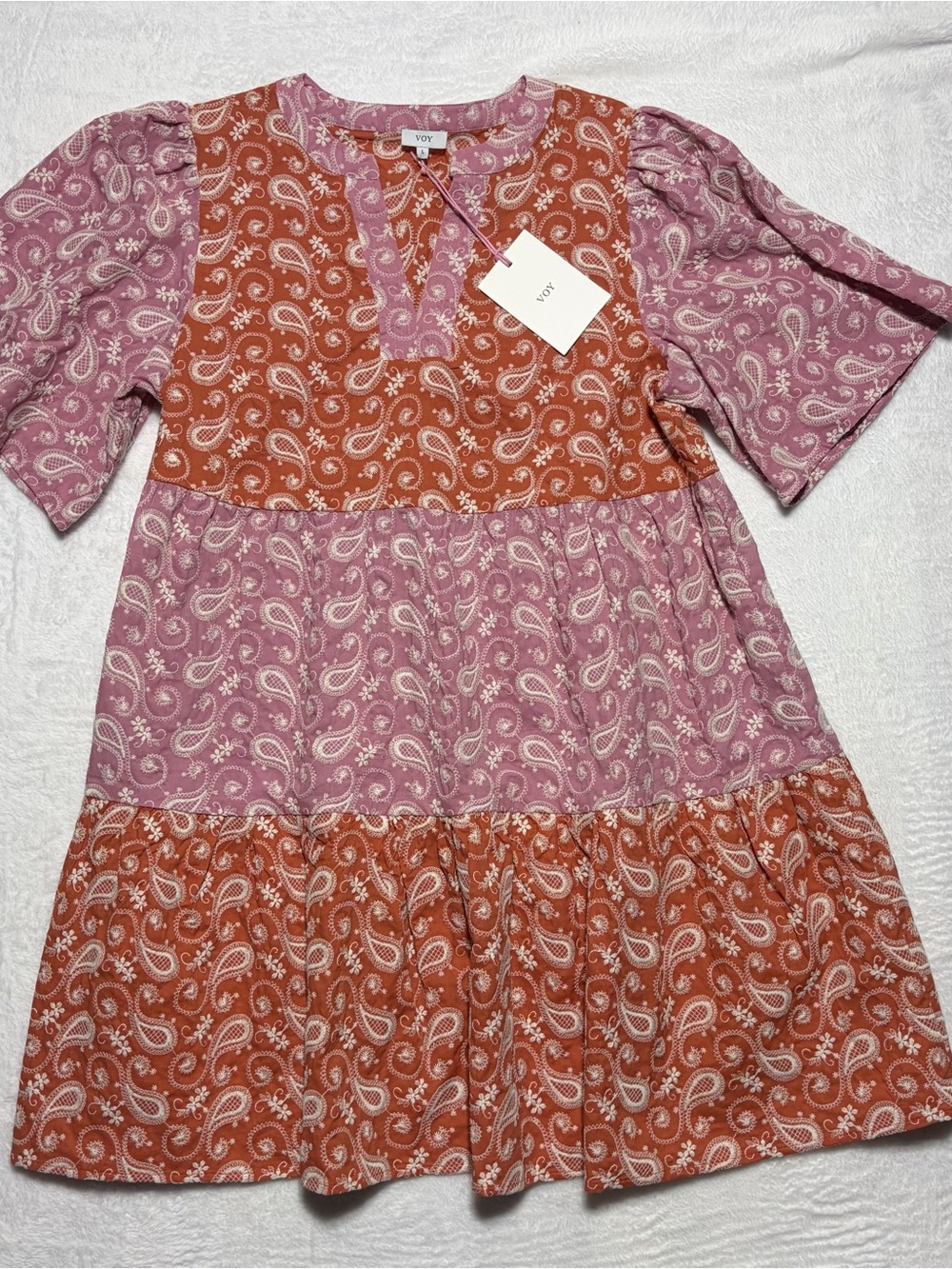 VOY Color Block Paisley Tiered Mini Dress in Dusty Rose & Rust - NWT!